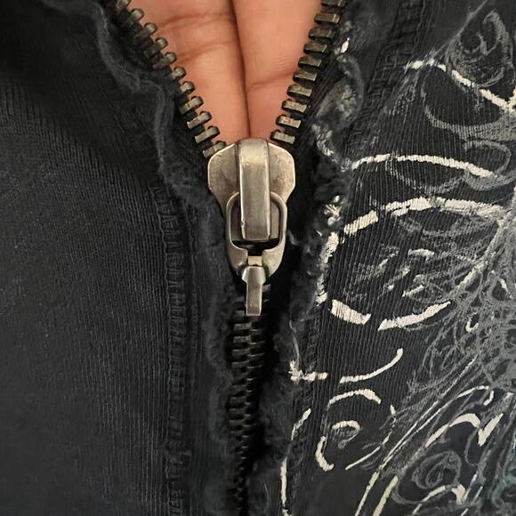 Y2K Affliction Grunge Studded Full Zip Hoodie Jacket XL Black Gray Distressedk - Picture 6 of 9